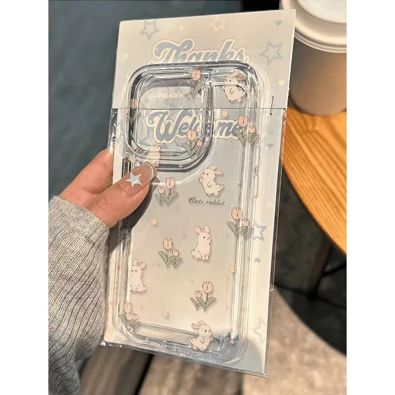 Transparent purple tulip bunny print matte simple, suitable for iPhone 16 14 13 12 11 15 Pro Max phone case, Christmas gift