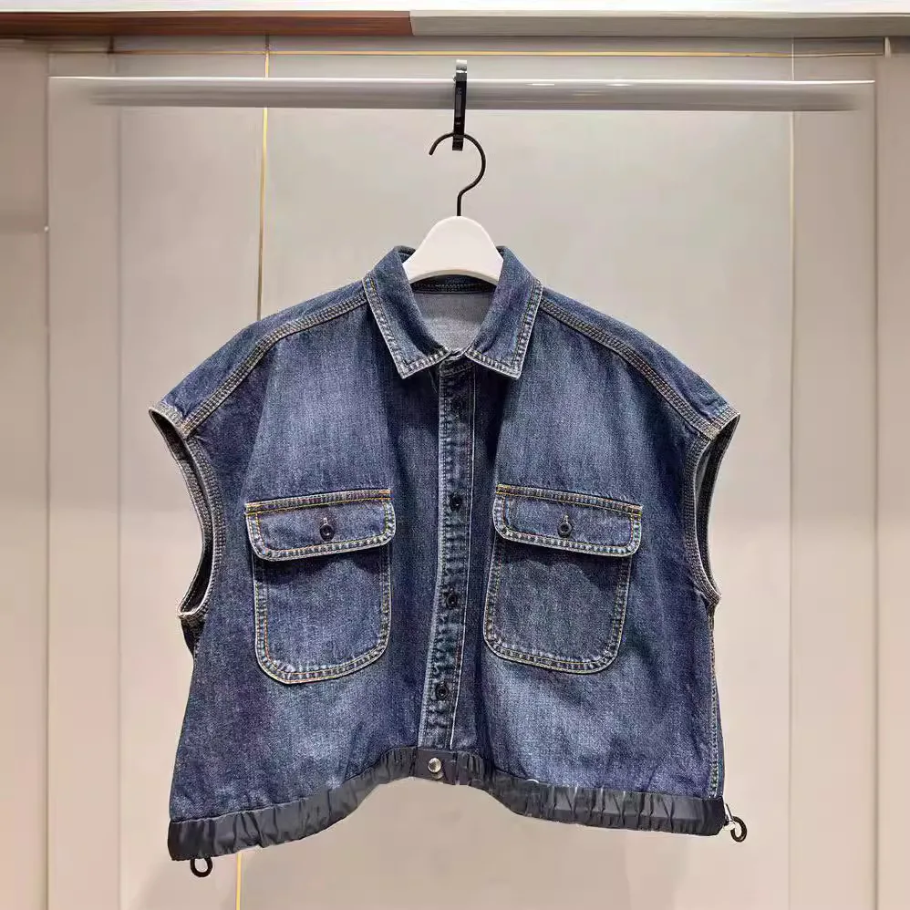 

2025 spring/summer new lapel drawstring casual sleeveless denim vest solid color short coat top