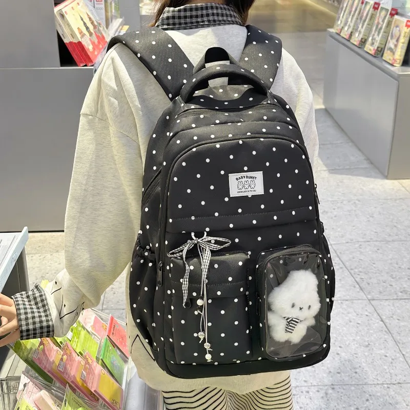Korean Girly Sweet Cute Backpack Teen Students Schoolbags Clear Pocket Dot Nylon Backpack Large Capacity Casual Travel Rucksack