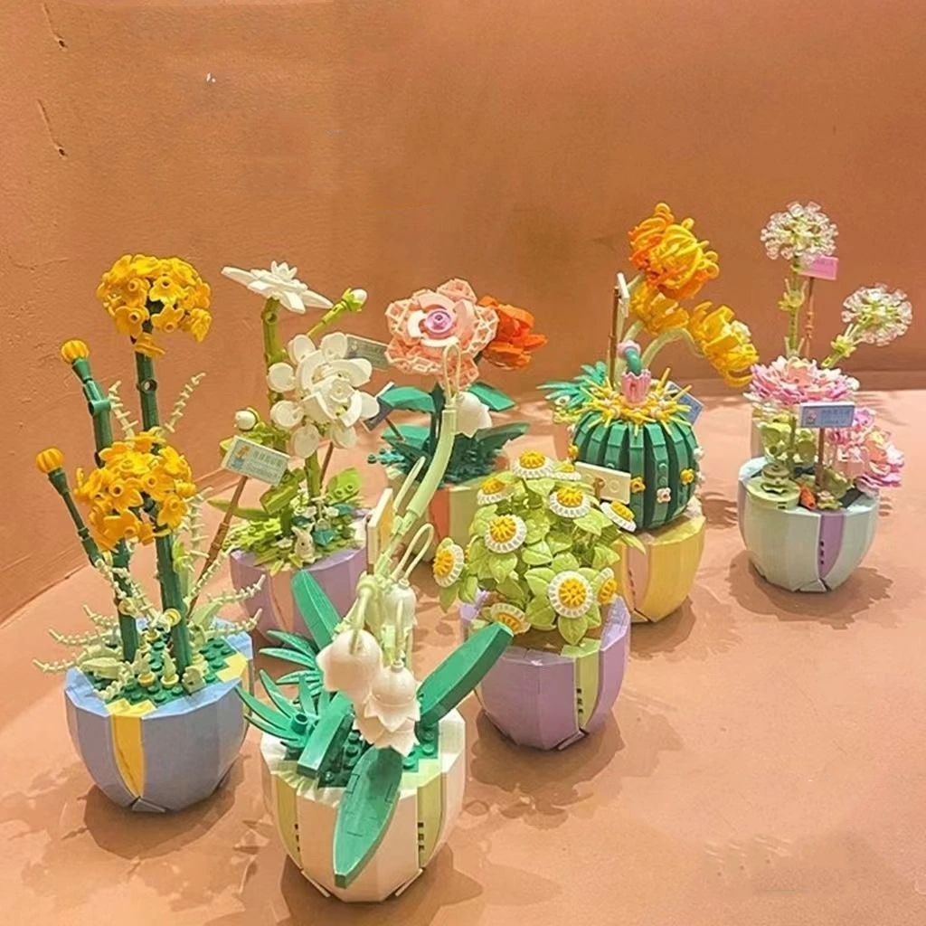 Rose Flower Building Block Brick Eternal Bouquet Prickly Pear Model Plant Decoration Educational Toy For Kids Birthday Gift