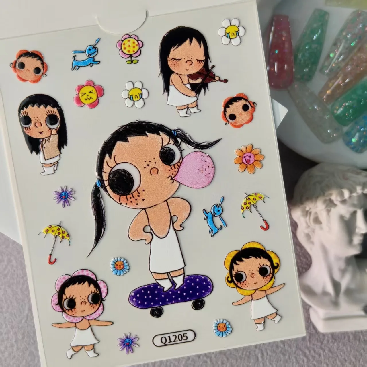 Cute little jade relief sticker cartoon big eyed girl DIY phone case water cup decoration sticker