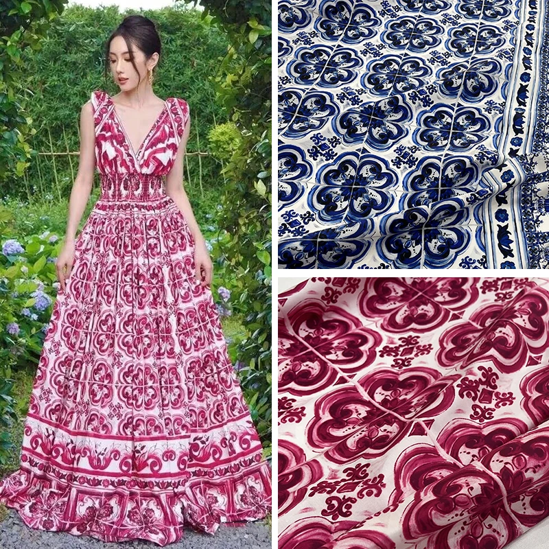 

Синий и белый фарфоровый узор, поплиновая хлопковая ткань с принтом для женщин, летнее платье, блузка, брюки, ткань «сделай сам», швейный материал