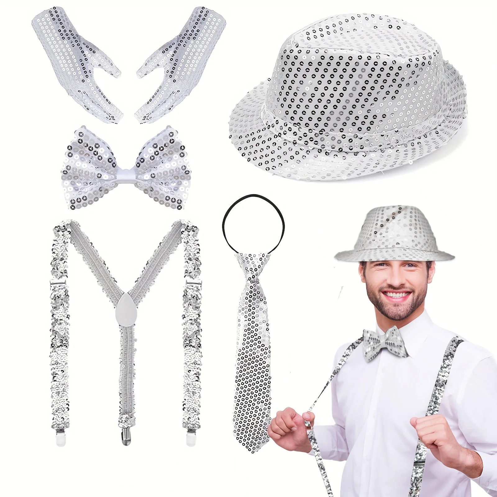 

5 джазовых деталей Танцевальная шляпа Шляпа с блестками Перчатки для выступлений Подтяжки Бюстгальтер Галстук-бабочка и галстук Костюмы Костюмы танцевальной звезды 80-х 90-х