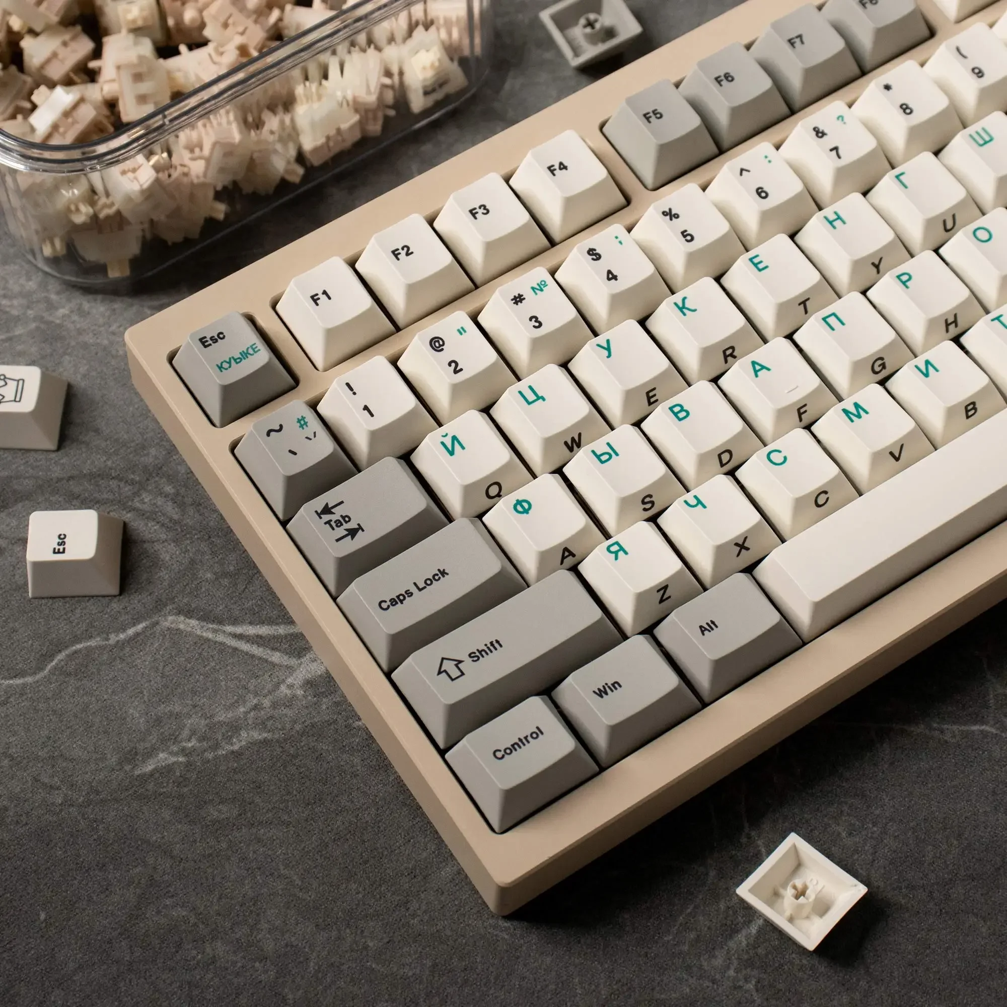 144 Key Retro Keycaps Russian PBT Dye Sub Cherry Height Side Print Gray White Color Mechanical Keyboard AULA F75 GK61 Anne Pro 2
