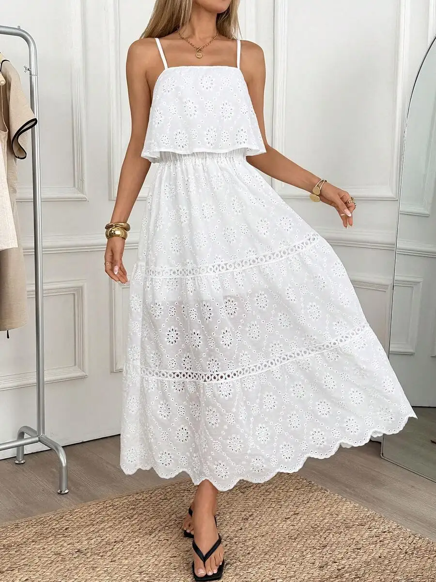 Vestido Maxi Blanco con Bordado de Ojales y Volantes en el Cuerpo, Cintura Elástica, Corte en A, Casual, de Verano, para la Playa, para Mujer