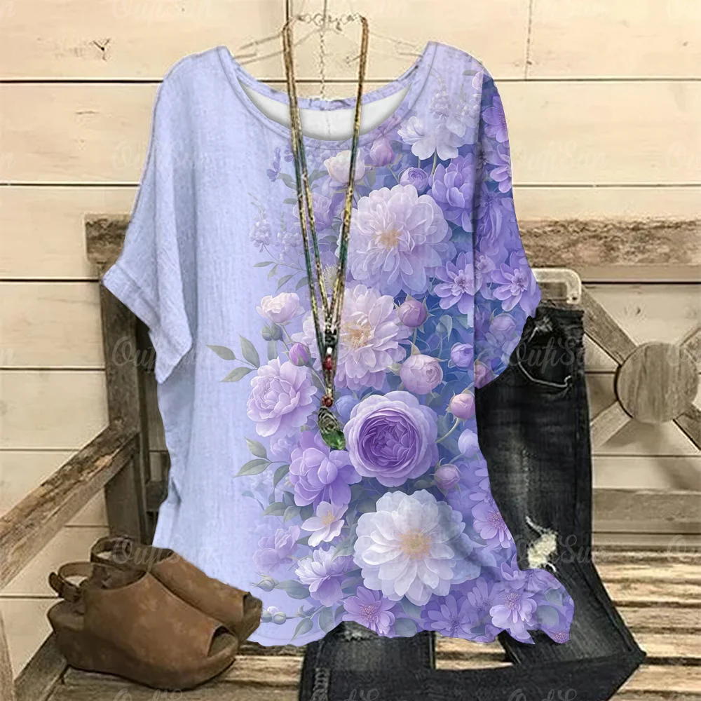 Women O-Neck T-Shirts Floral Print Casual Pullover Loose Short Sleeves Purple Oversized Tee Shirt Female Fashion Clothing Summer