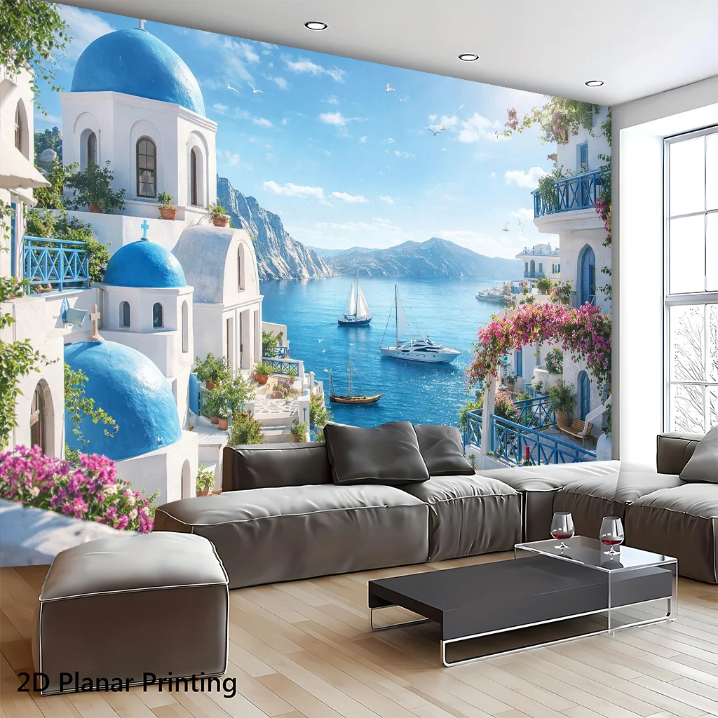 Large Santorini Greece Wall Tapestry Planar Print Mediterranean Blue Domes Coastal Aegean Style Home Decor Art Poster for Living