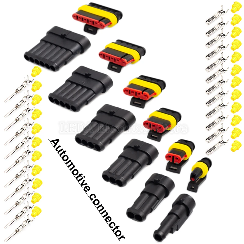 5Sets 1P/2P/3P/4P/5P/6P Automobile Waterproof Connector Tyco HID Plug Amp Connector DJ7021-1.5 Refitting Harness Plug Black