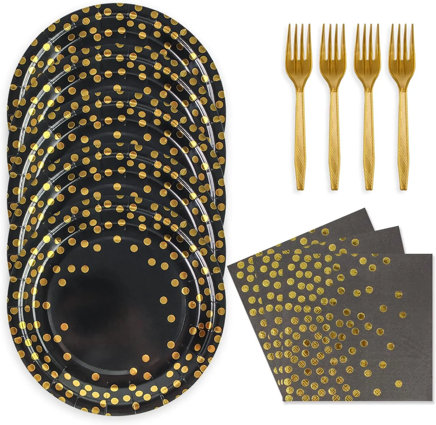 

48PCS Black Gold Plates & Napkins Set for 16 Guests