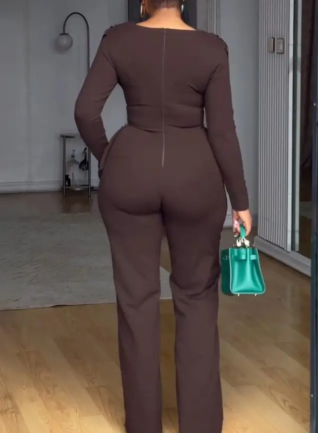 Tuta da donna 2025 Nuovo collo ad anello asimmetrico patchwork increspato tuta casual vita stretta cerniera posteriore gamba dritta tuta