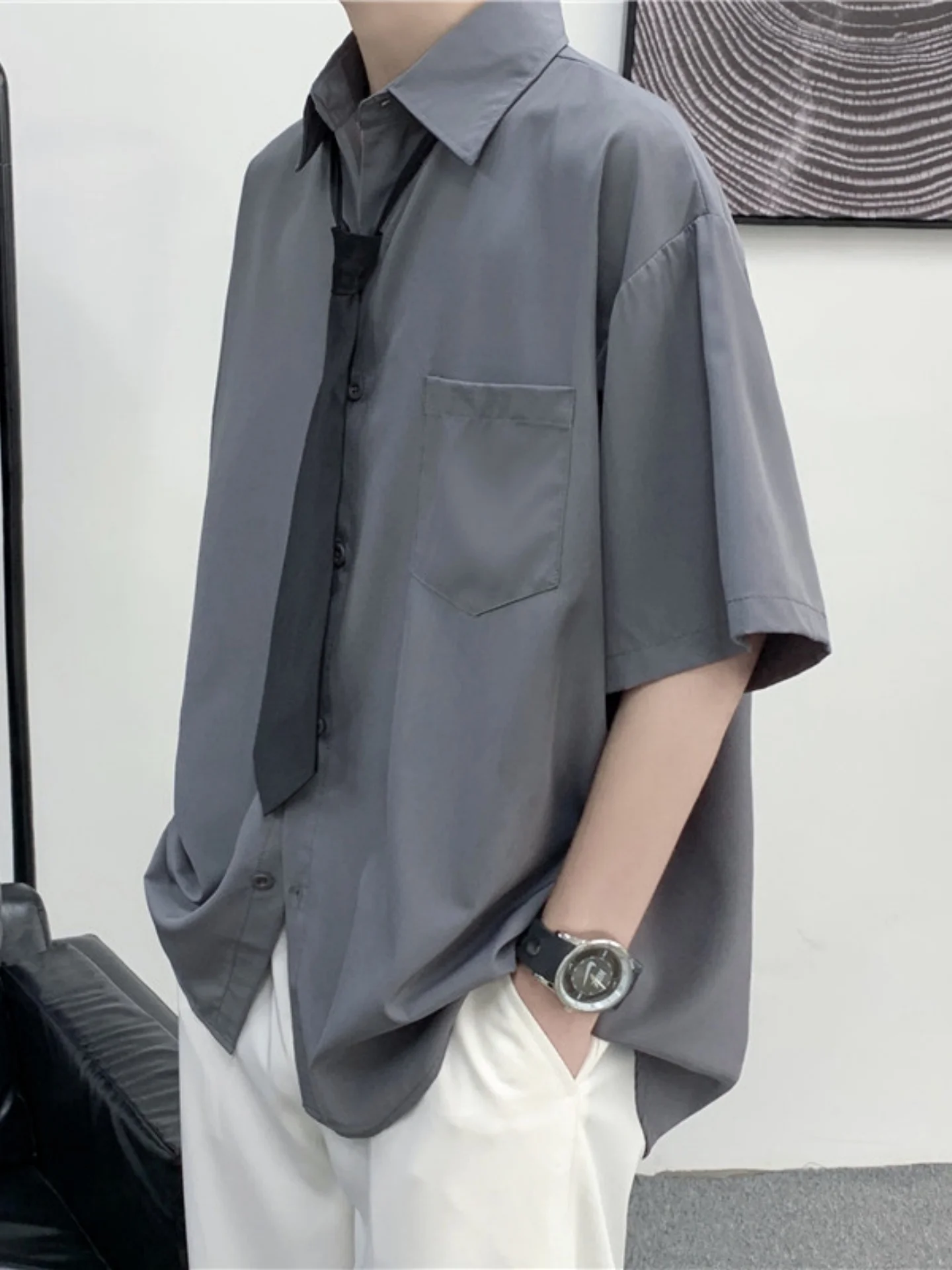 

Summer ort Sve irt Men's Netie Briti Sle Preppy Faion Oversize Seven-Arm Upper Body Clothes Youth Trend