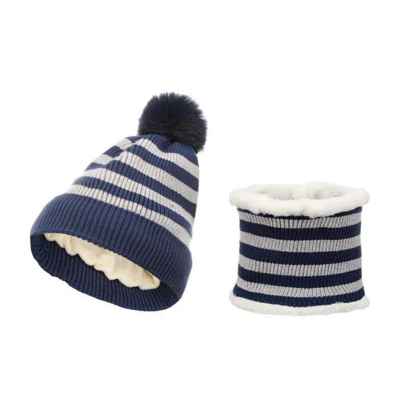 Inverno grosso bebê meninas chapéu cachecol definir quente listrado crianças pompom chapéu cachecol de malha algodão atacado chapéu de inverno para crianças