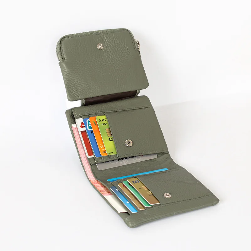 Cartera cuadrada corta de cuero auténtico para hombre y mujer, cartera fina multifuncional de gran capacidad con clip de recogida suave y hebilla con cremallera