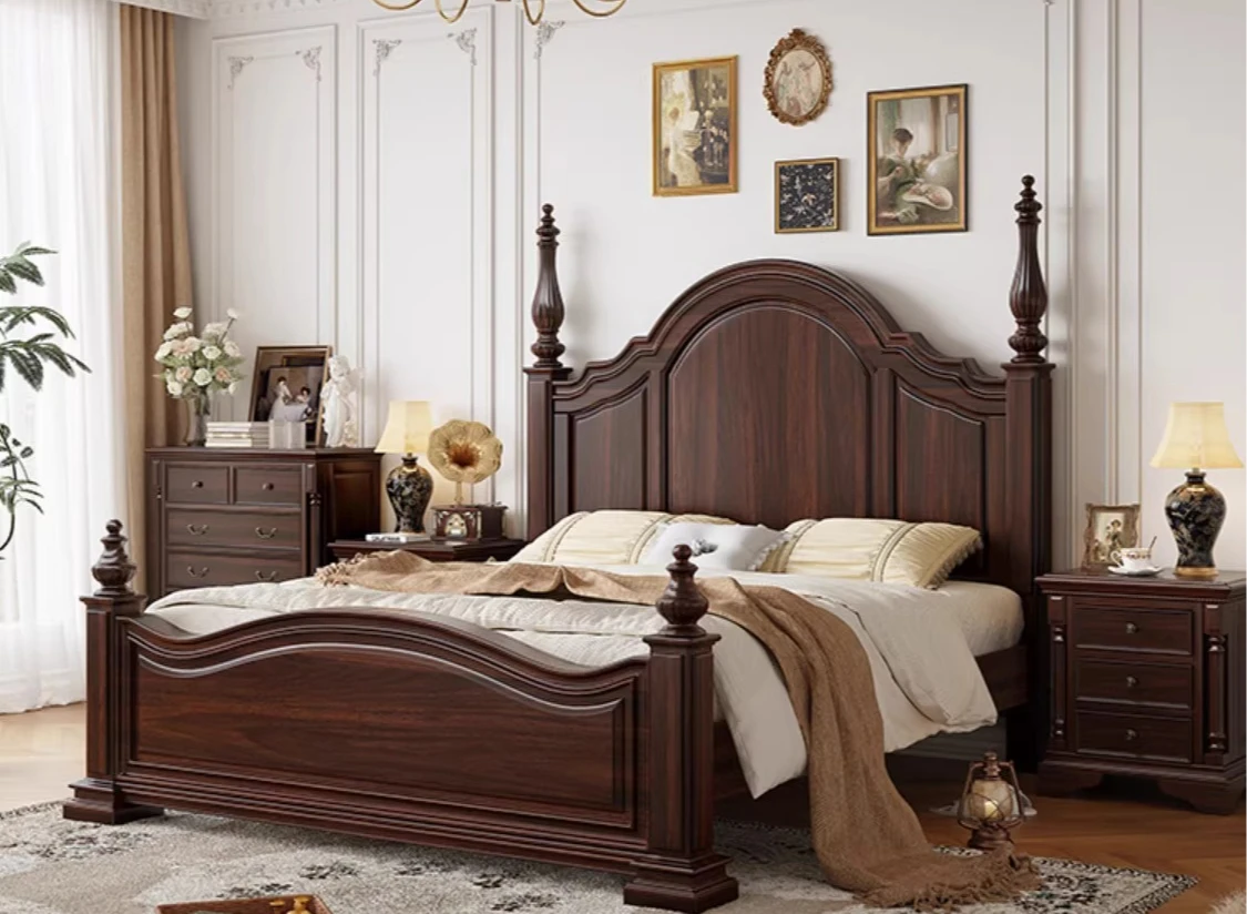 

American-style Solid Wood Bed for Home Master Bedroom, Vintage Country Roman Column Double Bed