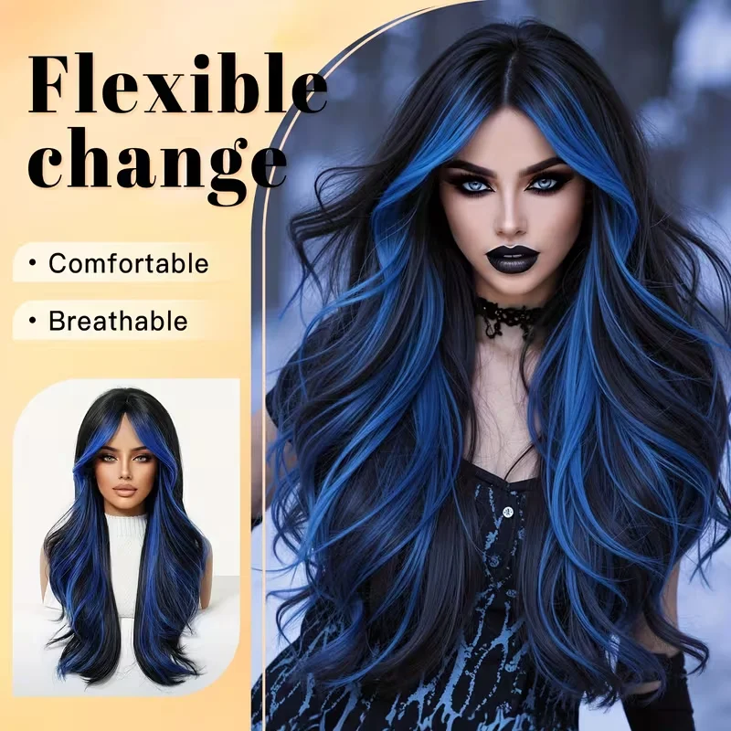 Black With Blue Highlight Synthetic Wigs for Women Natural Wave Hair Wigs With Bnags Cosplay Halloween Heat Resistant Long Wigs
