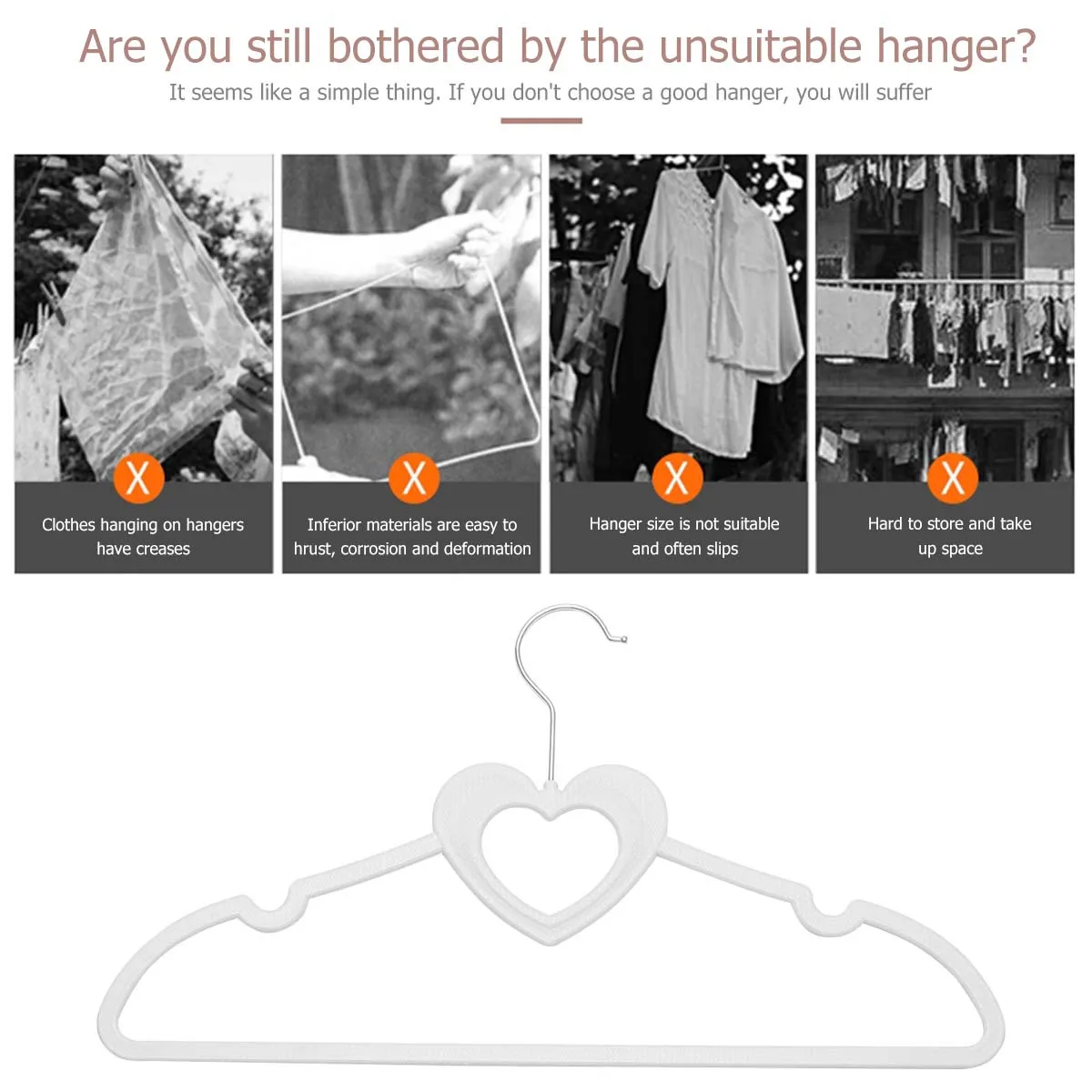 

10pcs Heart Shape Clothes Hanger Plastic Coat Hanger No Edge Design Anti Rust Hook For Home Wardrobe Organization White