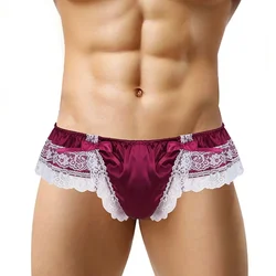 Bragas sexis con bolsa Sissy para hombre, calzoncillos con volantes de satén, diseño de pajarita, ropa interior para hombre, Tanga, tangas con espalda en T, disfraces exóticos Gay