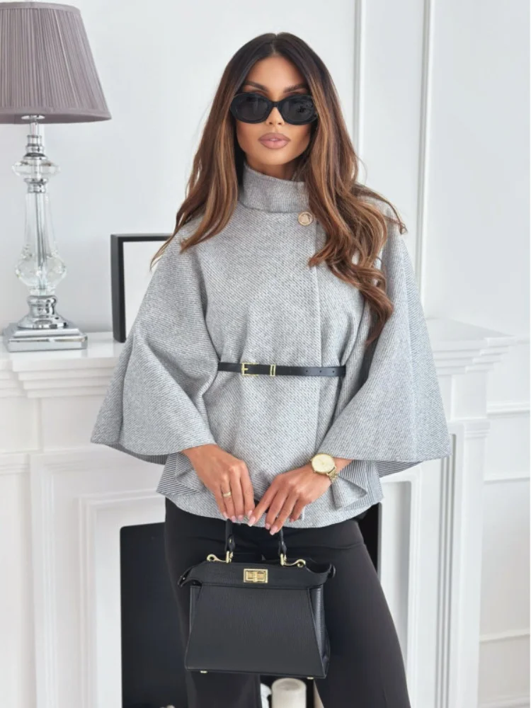 Batwing Sleeve Cape Coat with Belt Streetwear Clothing High Neck Single Button Poncho Blouses Elegant Clothes for Woman
