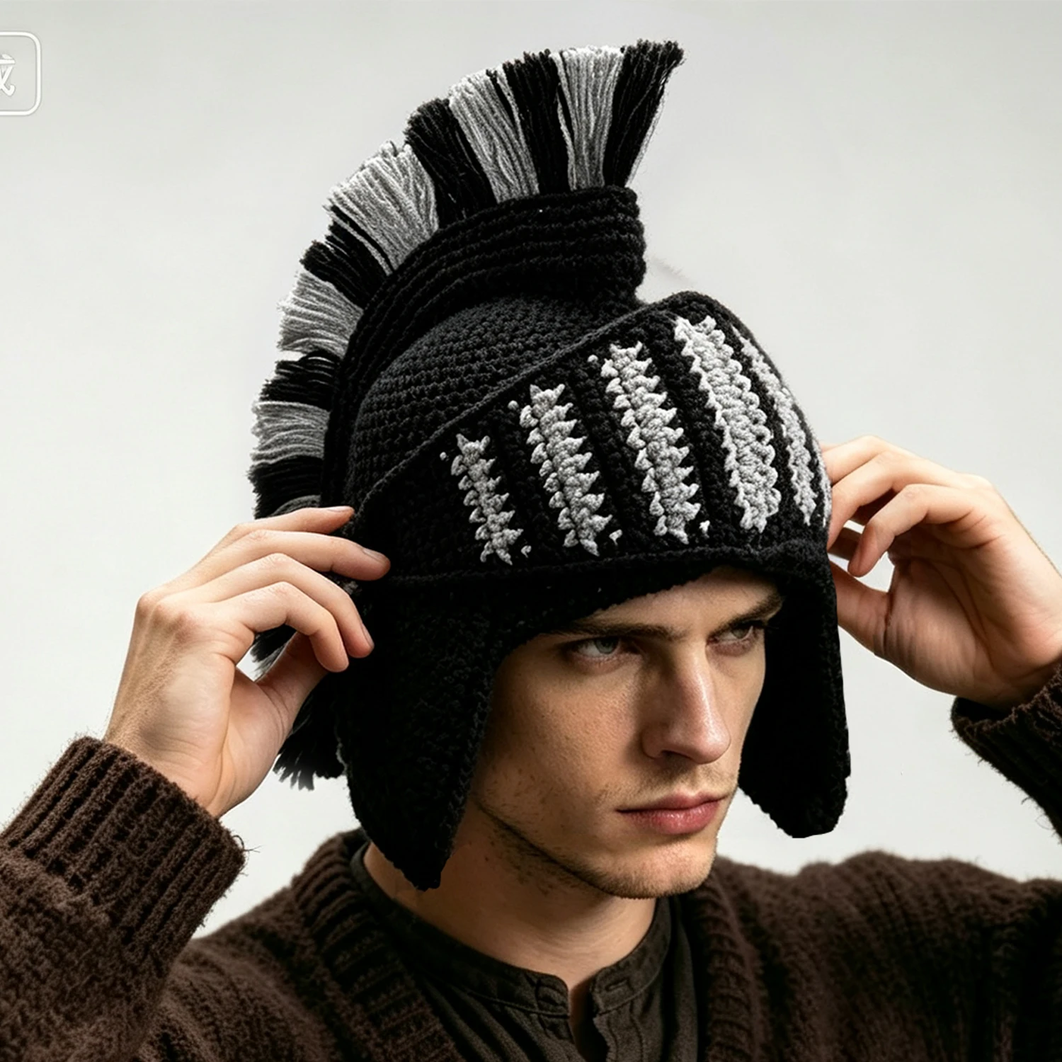 Men Knit Spartan Helmet Beanie Hand Crochet Roman Warrior Skullies Hat Women Halloween Cosplay Party Tassel Ear Protection Cap
