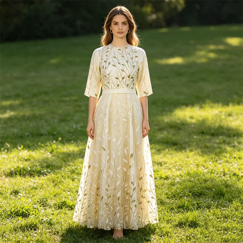 

Real Photo Customized Evening Dress Champagne Sequins Modest O-neck 3/4 Sleeves Plus size Muslim Woman Party Formal Gown ML060