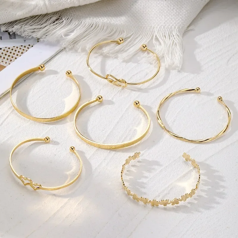 7pcs/set Ethnic Golden Open Alloy Bracelets Simple Fashion Multilayer Geometric Bracelet Jewelry Women