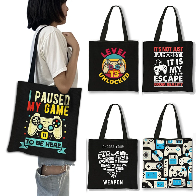 Funny Choose Your Weapon Gamer Print Shopping Bag Video Game Fan Handbags Women For Travel Reusable Totes Fashion Shoulder Bags