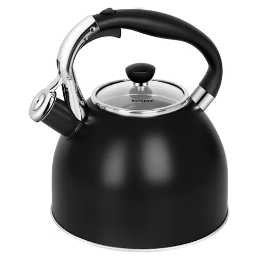 

Stainless Steel Tea Kettle: 2.6 Quart Whistling Kettle for Stove Top with Capsule Bottom and Heat-resistant Glass Lid Matte Bla