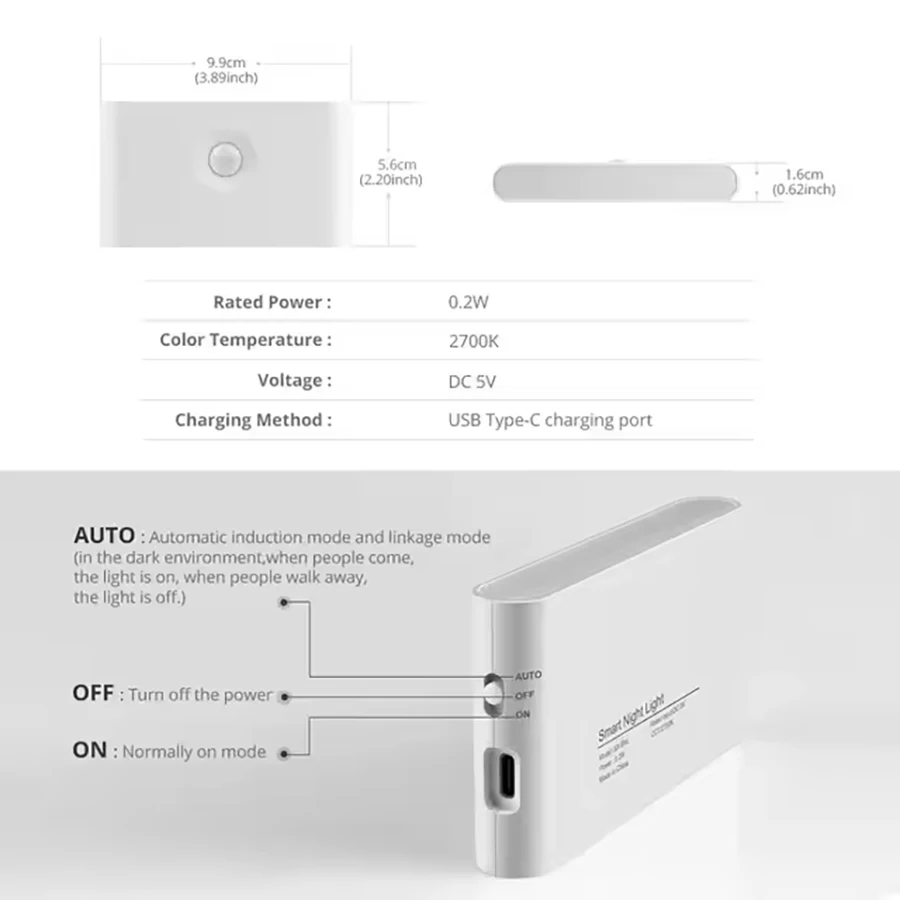 2700K Type C Charge Mini Lamp Motion Sensor Wireless Night Light Smart LED Corridor Bedroom Toilet Wall Light