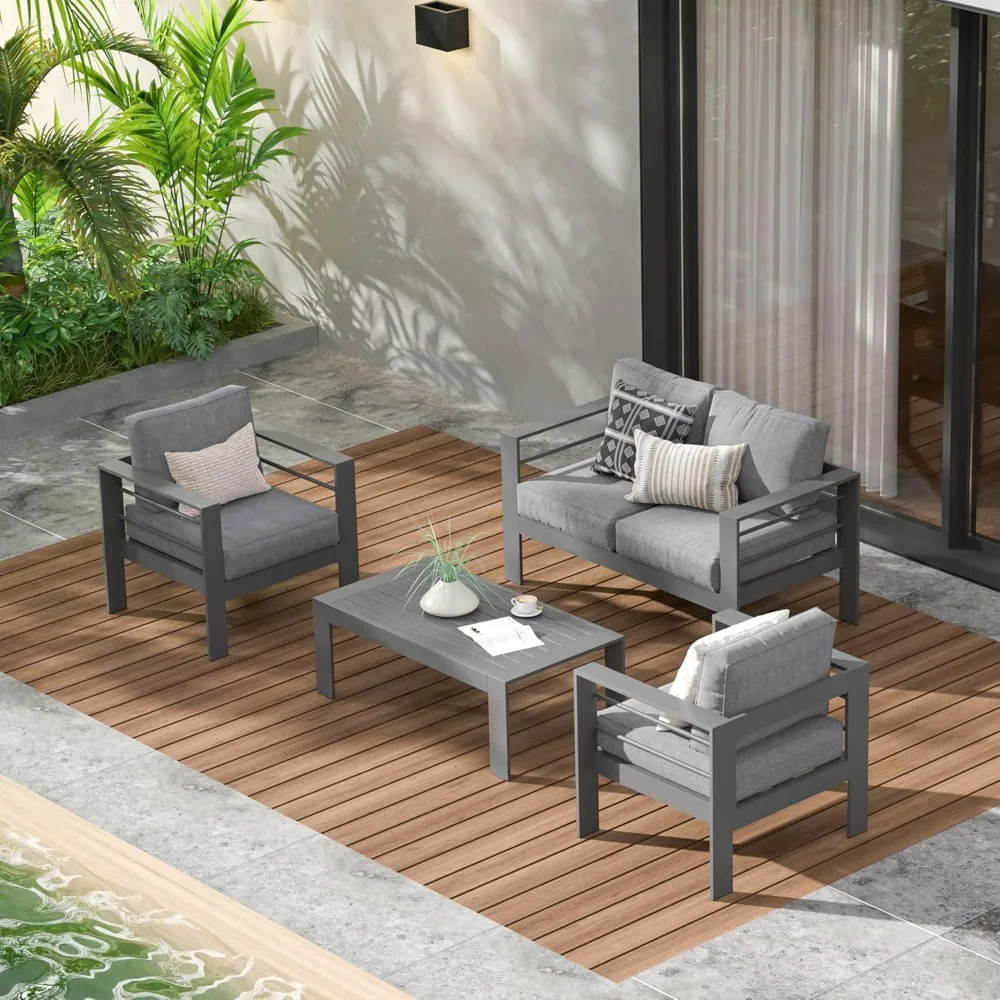 Outdoor Furniture Set,4 Pieces Aluminum Sectional Sofa,5 Inch Grey Cushion Coffee Table garden patio furniture(Dark Grey&Grey)