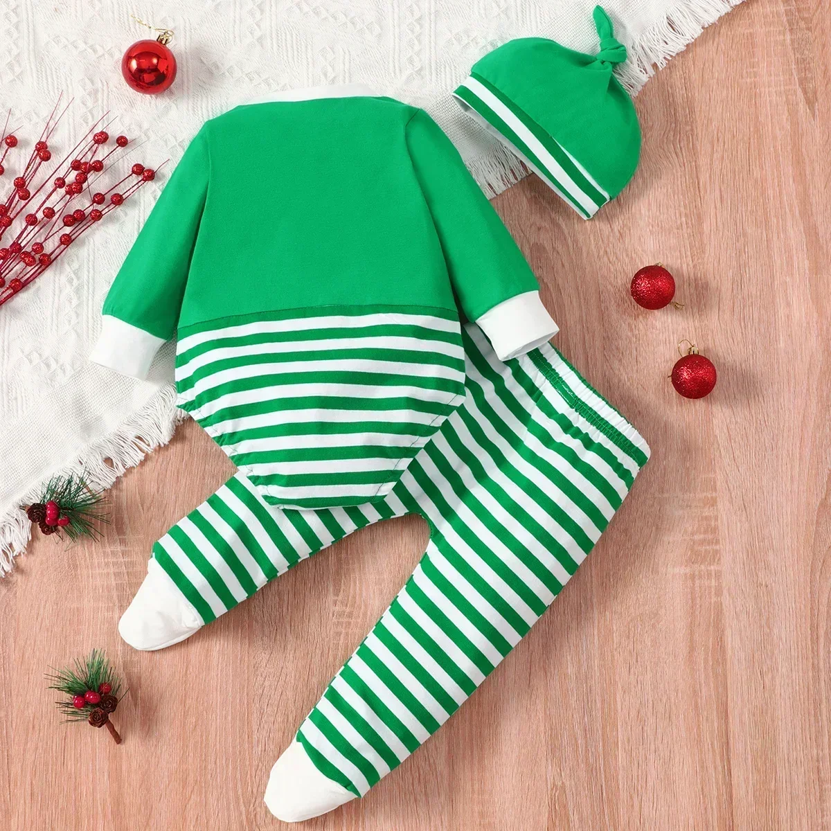 Newborn Baby Christmas Outfit 3-Piece Set Cartoon Deer Striped Romper Pants Hat Cotton Clothing 0-18M