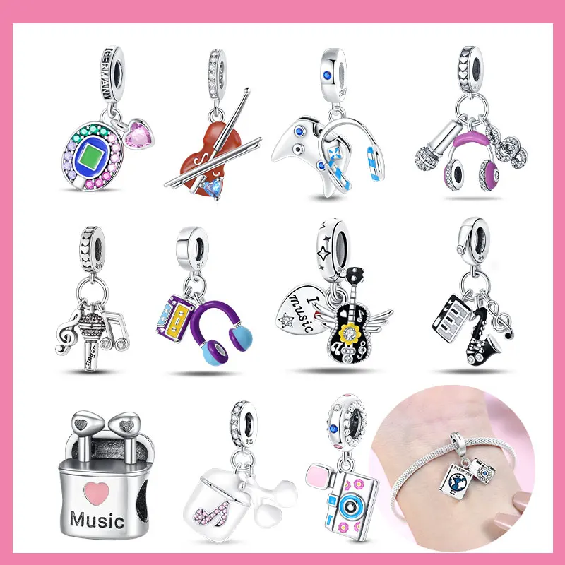 Music Series 925 Sterling Silver Musical Talisman earphone Guitar Beads Pendant Charm for Original Bracelet Woman Girl Jewelry