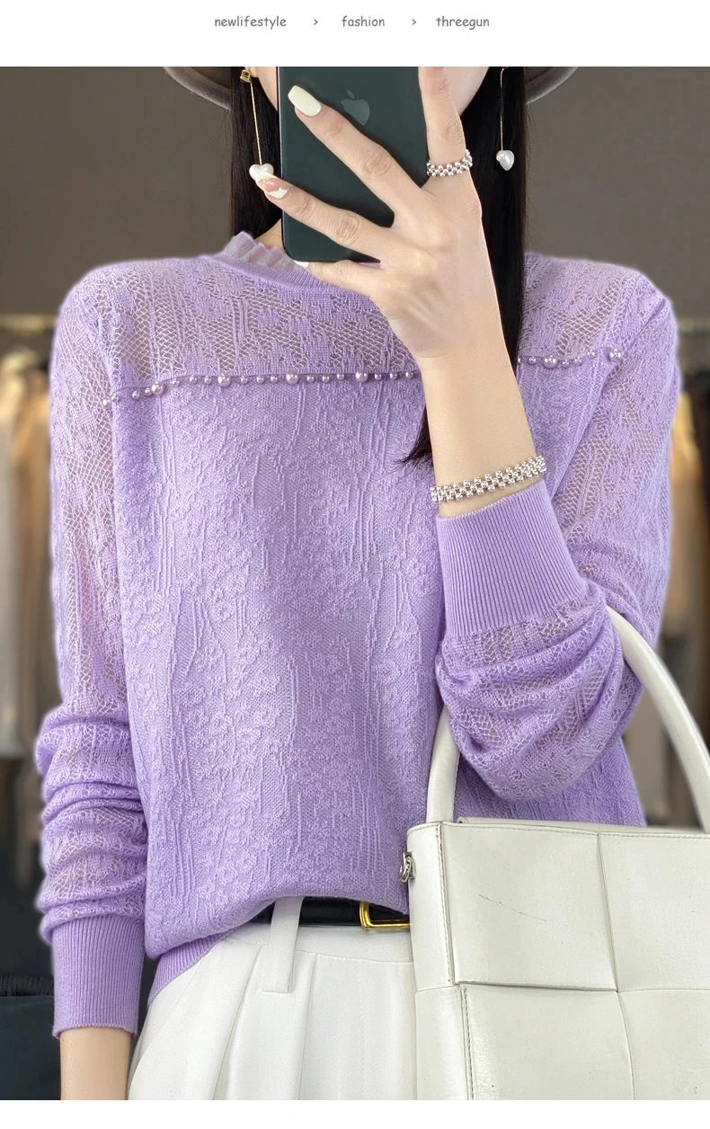 Pull en laine à col rond pour femme, dentelle fine, crochet perlé cloué, creux, haut chic, printemps et été