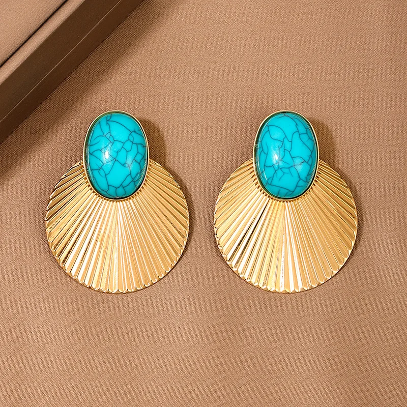 Stud Earrings For Women Turquoise Metal Disc Geometric Party Gift Holiday Fashion Jewelry Ear Accessories BE456