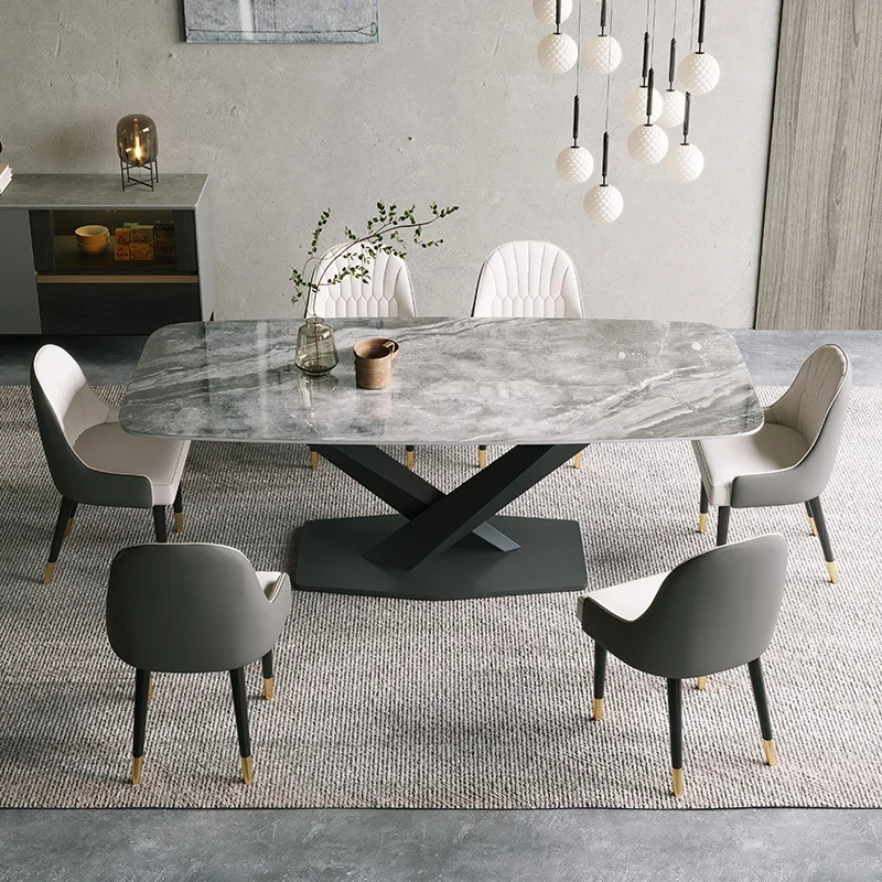 Bright rock slab dining table rectangular small apartment household dining table black dining table and chair combination