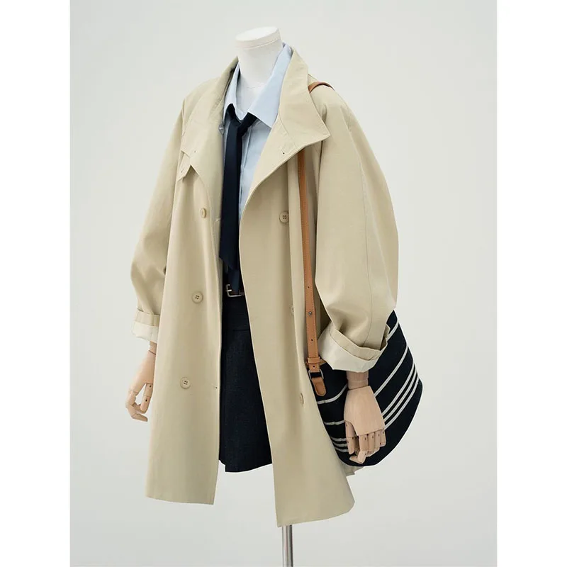 2026 New Double Breasted Women's Windbreaker Jacket Spring Autumn Belt Stand Collar Loose British Style Apricot Temperament Coat