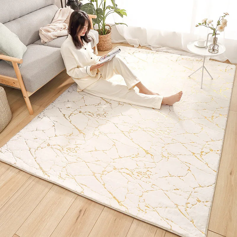 Alfombra de pelo de conejo Artificial para sala de estar, alfombra grande, moderna, de mármol dorado, suave y esponjosa, Blanca, para dormitorio de