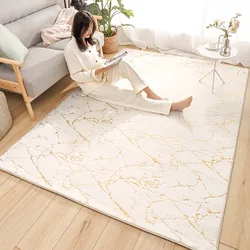 Alfombra de pelo de conejo Artificial para sala de estar, alfombra grande, moderna, de mármol dorado, suave y esponjosa, Blanca, para dormitorio de niña, antideslizante