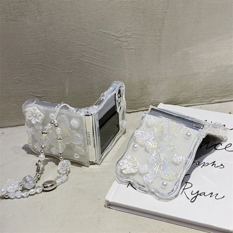 삼성 갤럭시 Z 플립 3 4 5 케이스 3D 만화 나비 팔찌 웨이브 삼성 Z Flip5 ZFlip5에 대한 명확한 충격 방지 커버