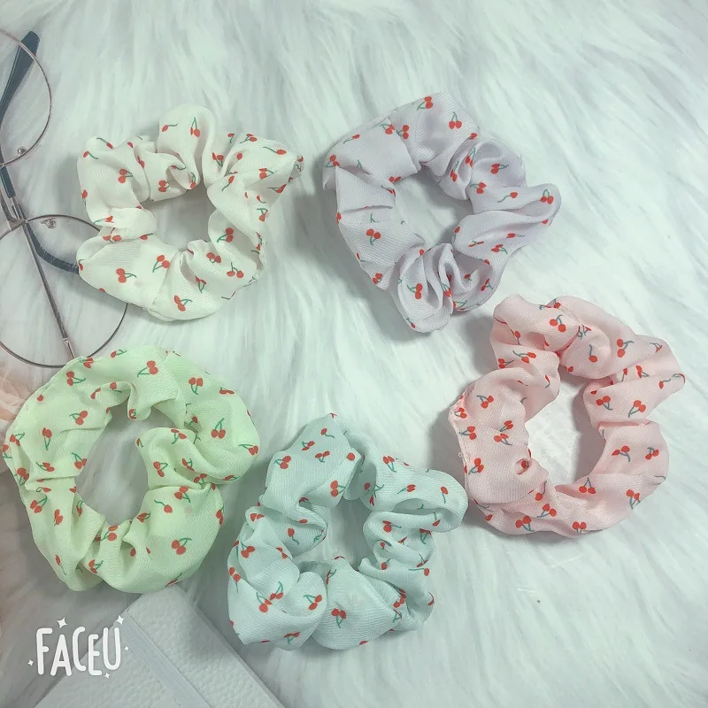 

Fashion Cherry Print Scrunchies Headband Girls Elastic Rubber Hair Band Women Ponytail Holder Hair Ties Accessories