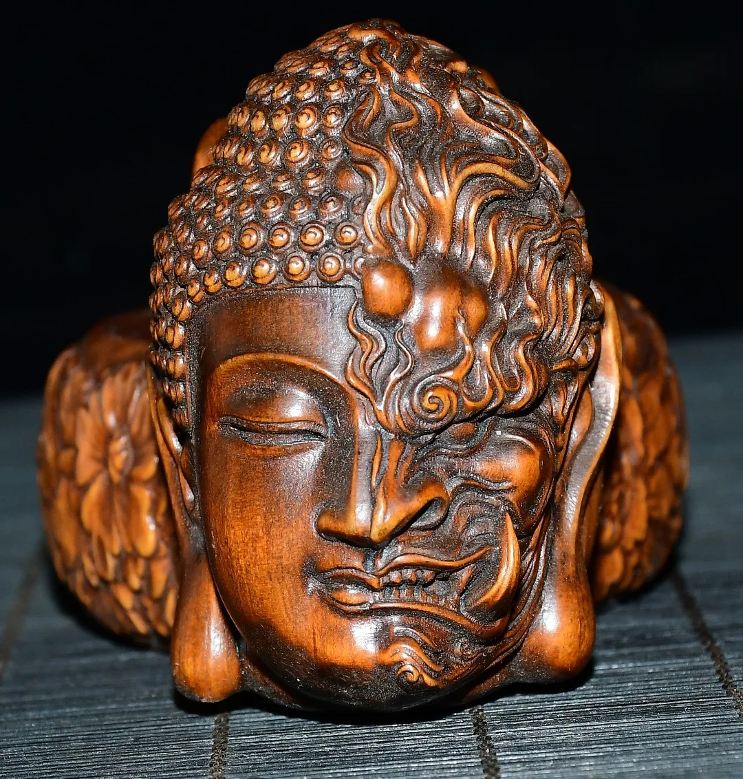 Old Boxwood Shakyamuni Buddha Head Buddha Demon Back Buddha Hand Handheld components screen Study Amass wealth Ornaments