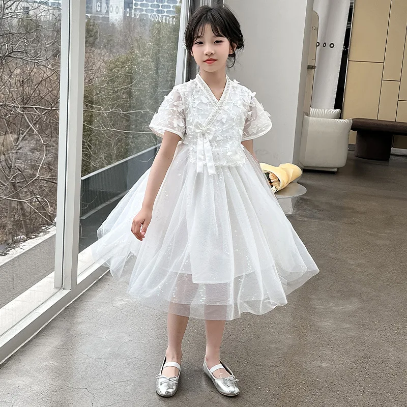 

Girls Summer Skirt Chinese Style Skirt 2024 New Girl Princess Foreign Gauze Dress Solid Color Simple Casual Dress Clothes