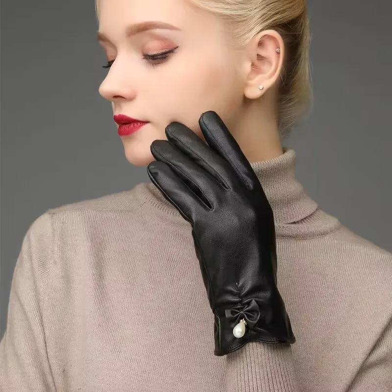 Guantes de cuero de invierno con perlas Retro Para pantalla táctil, elegantes y cálidos, a prueba de viento y frío, para mujer