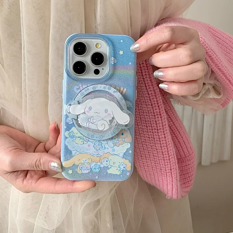 Cute Cartoon Sanrio Cinnamoroll Glitter Magnetic Holder Magsafe Wireless Charge Phone Case For iPhone 16 15 14 13 Pro Max Cover