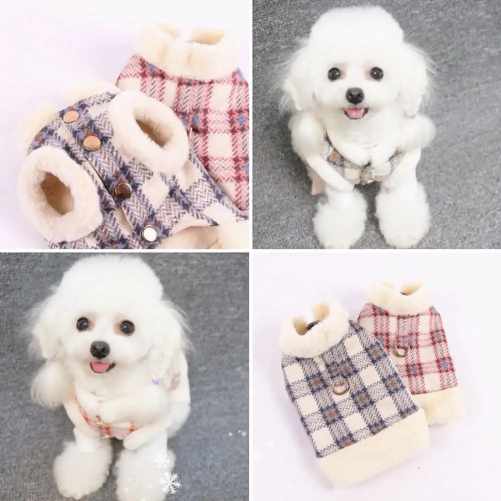 Colete estampado xadrez para animais de estimação, casaco de inverno elegante para gatos e cães, roupas quentes e macias para o clima