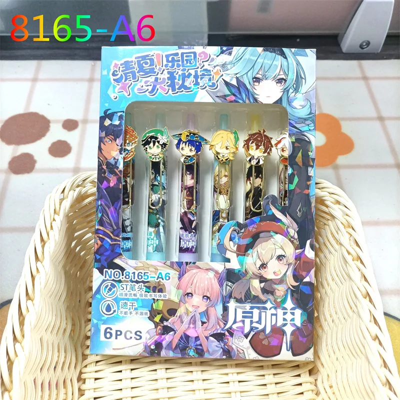 6Pcs/Box Game Genshin Impact Cute Metal Pendant Roller Ball Pen Cartoon Stationery Zhongli Kaedehara Kazuha Black ink Gel pen