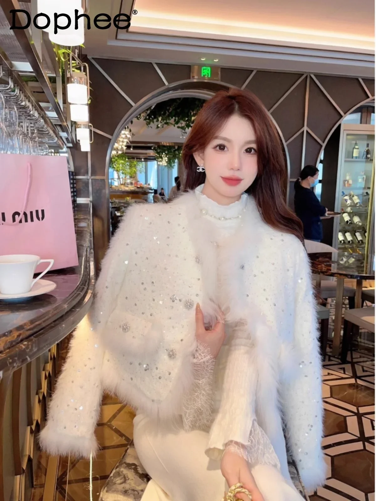 

Sequins Imitation Fox Hair Thickened Down Liner Jacket Autumn and Winter 2024 New Long Sleeve Cardigan Top Jackets for Women