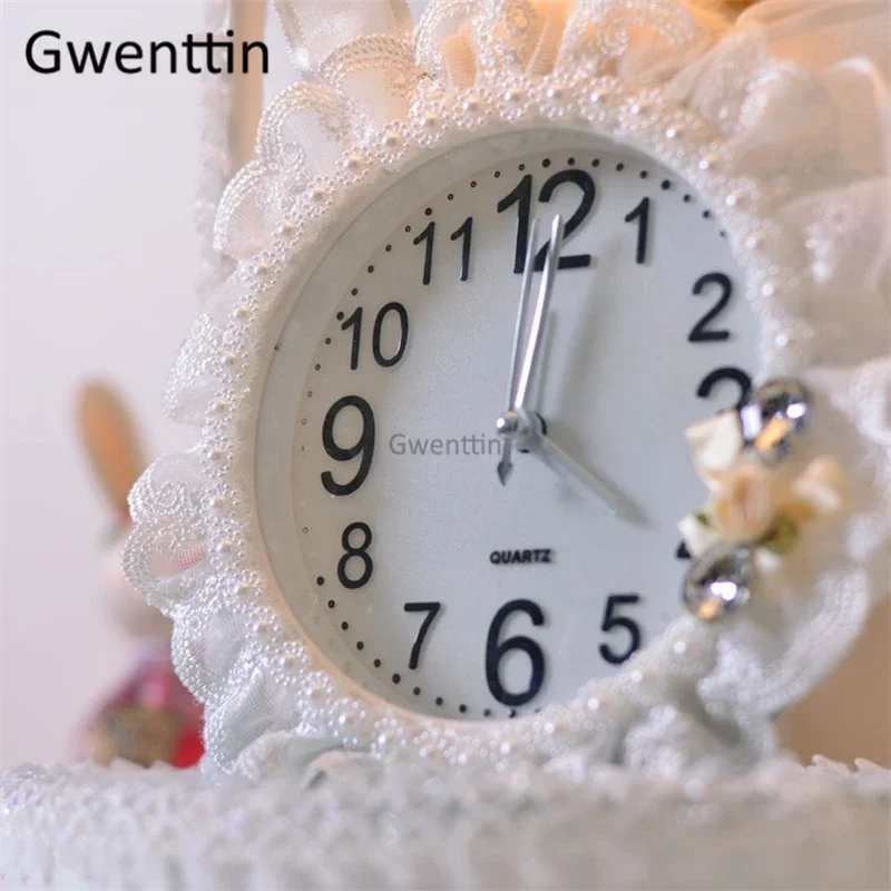 Moderna Principessa Led Lampade Da Tavolo con Orologio Tessuto di Pizzo Supporto Da Tavolo Apparecchi di Luce per I Bambini Camera Da Letto lampada