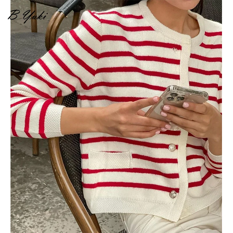 Blessyuki Vintage Stripe Knitted Cardigan Sweater Women 2023 Autumn New Loose O-Neck Single-breasted Cropped Cardigan Female Top