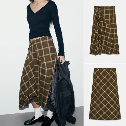 Low Waist Midi Skirt Women's Fashion Design Autumn Winter New Arrival Plaid Decorative Layered Design French Style A-Line Skirt