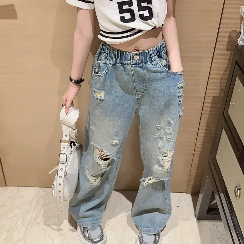 Girls' Summer Jeans  New Casual Western Style Children's Summer Clothing Medium and Big Children Ripped Wide-Leg Pants Wholesale